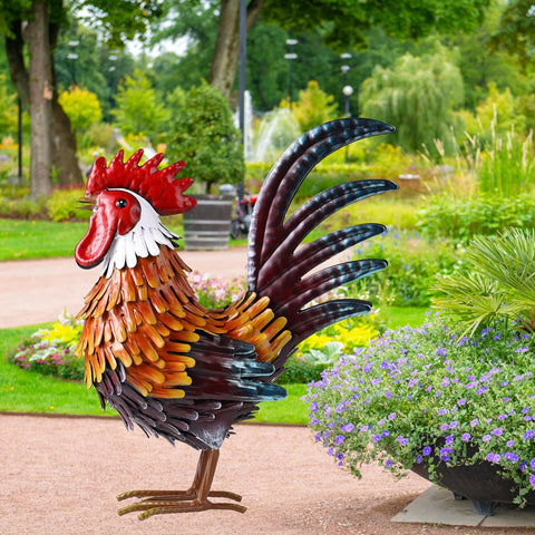 Rooster Garden Statue Metal Chicken Yard Art Decor Outdoor Sculpture Figurines