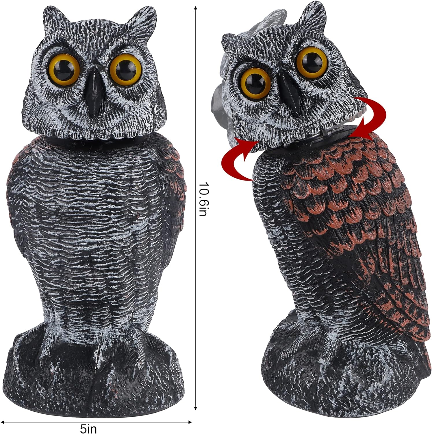 2 Pack Bird Scarecrow Fake Owl Decoy Sculpture, Rotating Head Plastic Owl Bird Deterrents, 10.6 Inch Height Nature Enemy Horned Pest Repellent for Outdoor Garden Yard