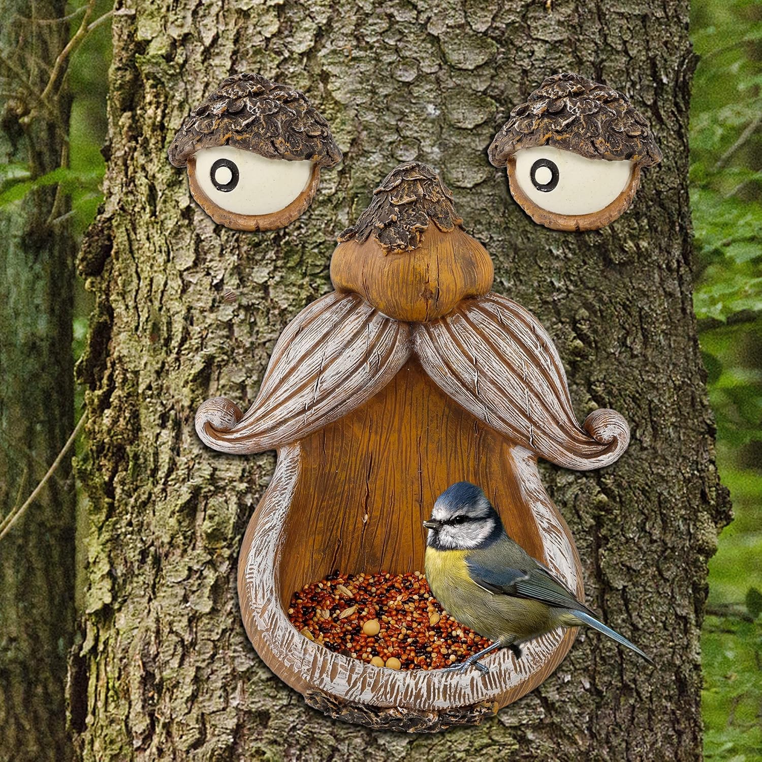 Juegoal Tree Face Decor Bird Feeder Outdoor, Eyes Glow in Dark Fun Old Man Tree Hugger Sculpture Yard Art Garden Lawn Ornament Decoration