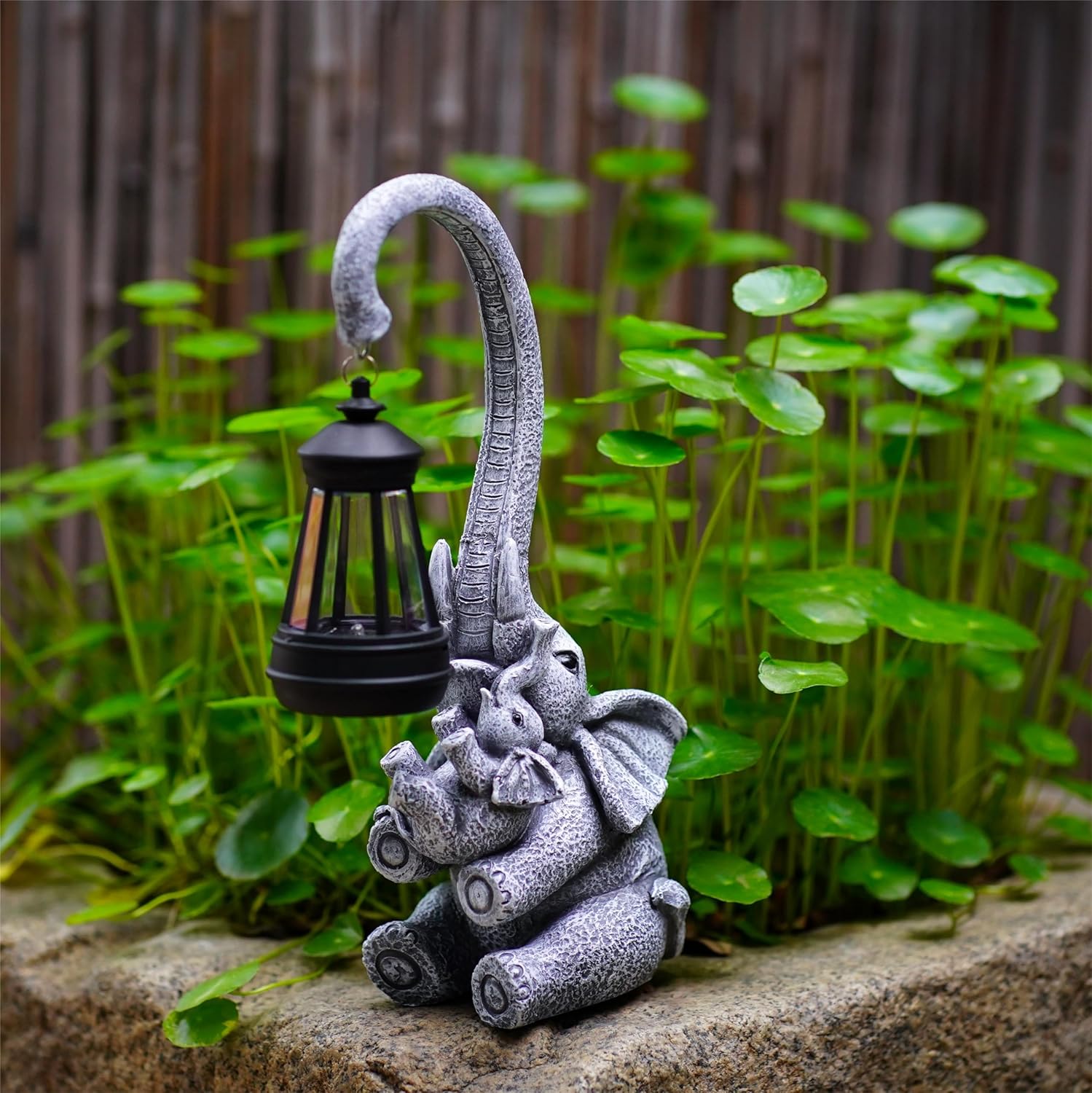 Elephant Outdoor Statues with Cute Baby Garden Decor, Resin Elephant Figurines with Solar Lantern Outdoor Decoration Gifts for Mothers Day, Birthday Day