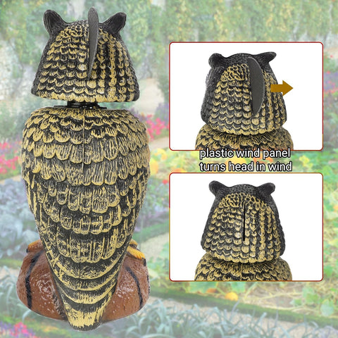 2 Pack Bird Scarecrow Fake Owl Decoy Sculpture, Rotating Head Plastic Owl Bird Deterrents, 10.6 Inch Height Nature Enemy Horned Pest Repellent for Outdoor Garden Yard