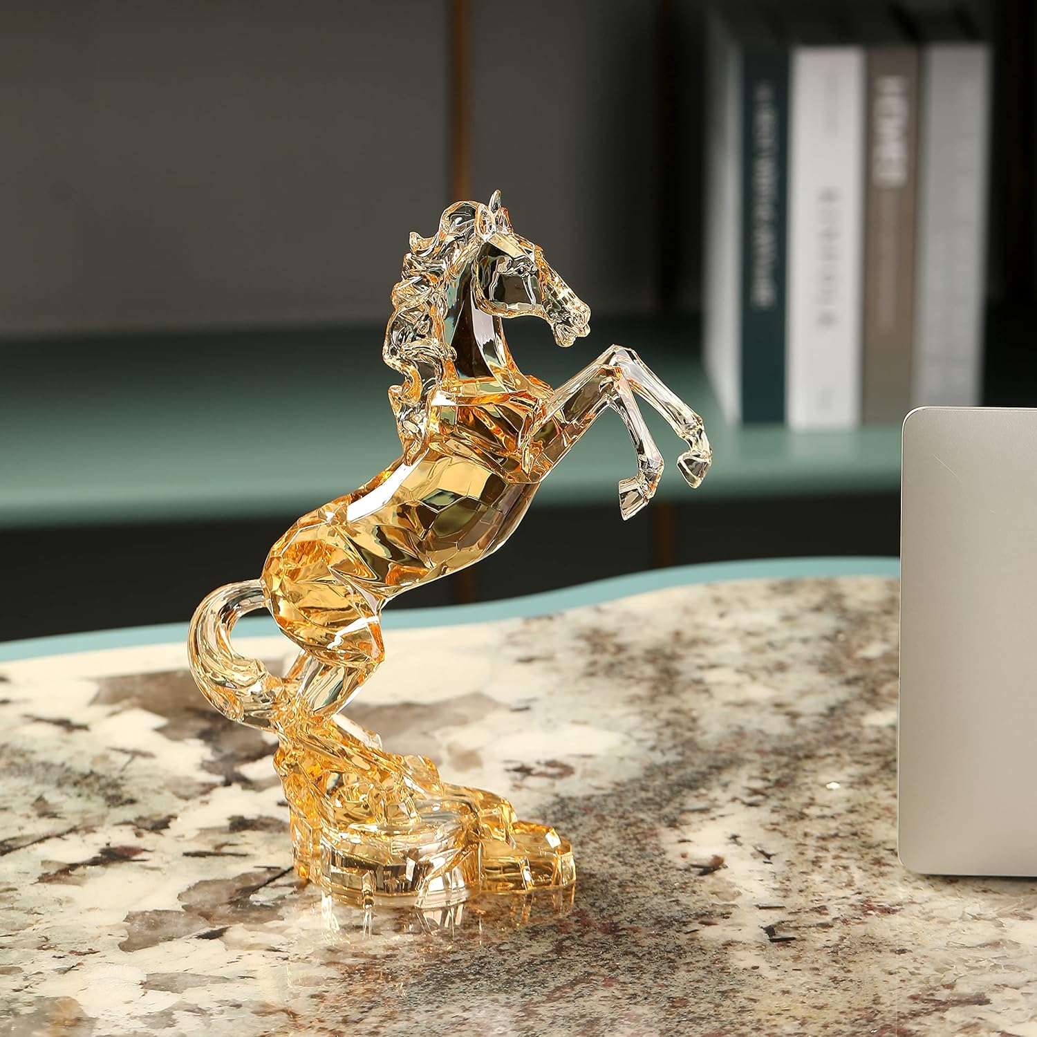 Acrylic Horse Figurine Chinese Feng Shui Glass Collection Ornament Statue Animal Collectible Standing Table Decor Home Decor 9''L (Amber)