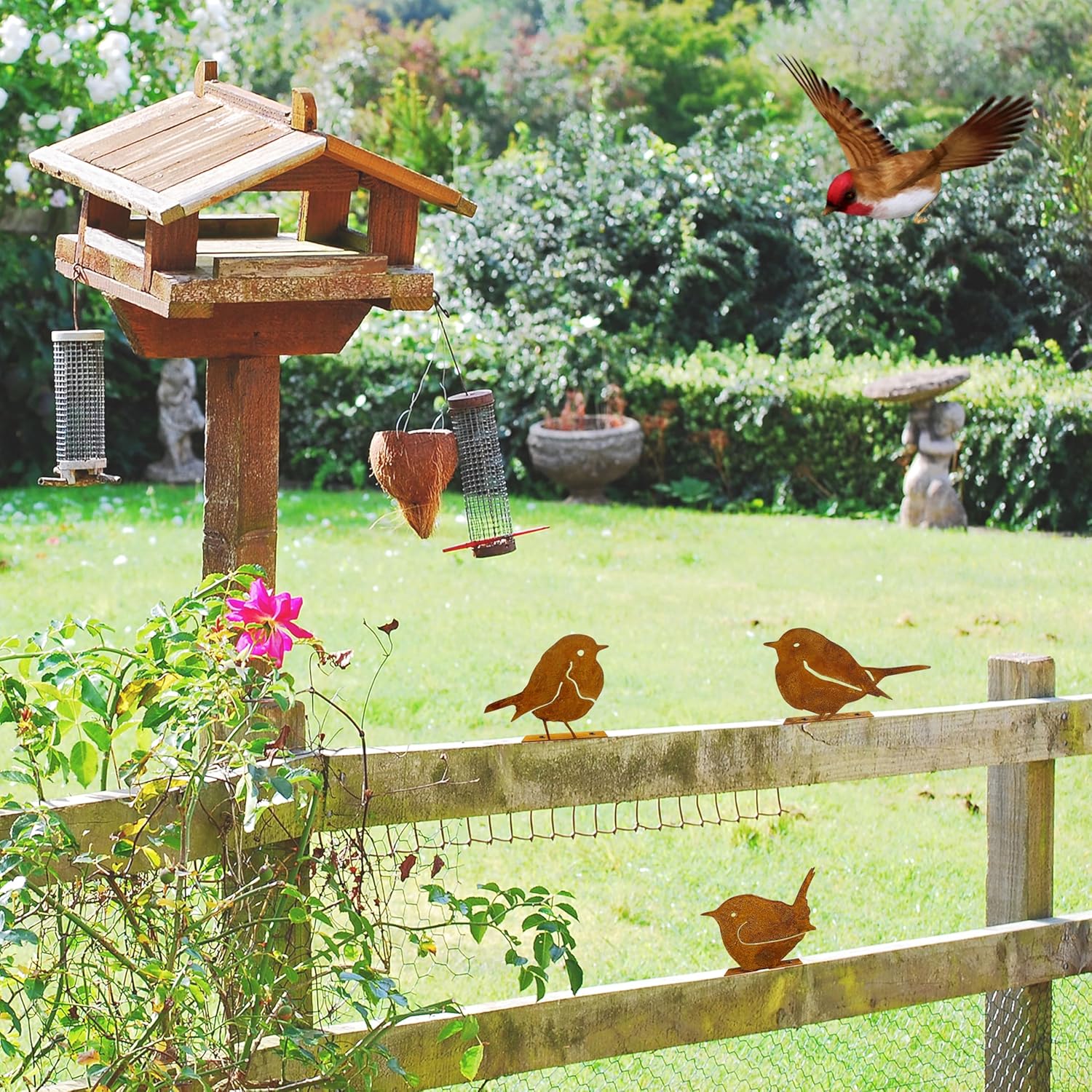 3PCS Rusty Birds Decor, Metal Birds Yard Decor, Cute Metal Birds Garden Ornaments Silhouette- Garden Sculptures and Yard Art, Rustic Birds Decoration Outdoor Patio Yard