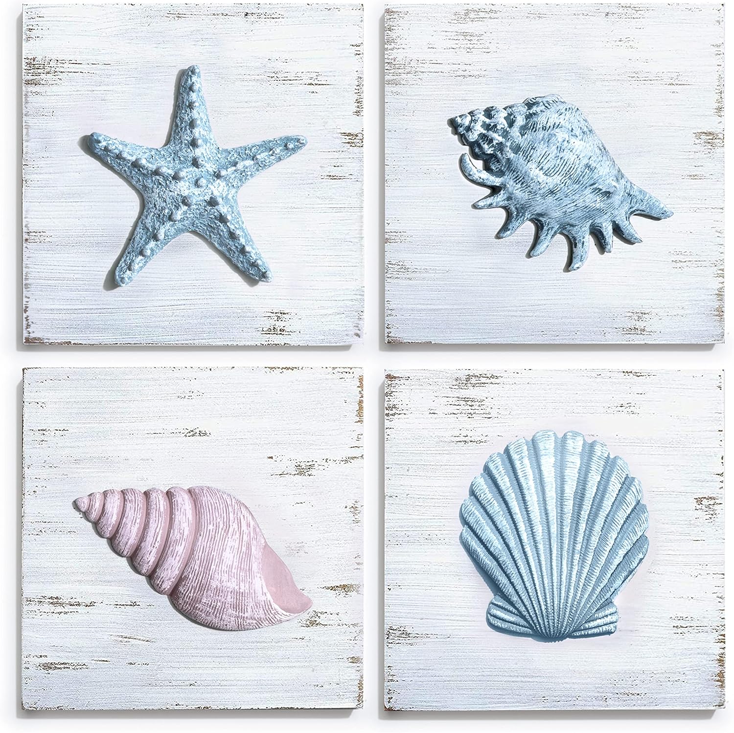 TideAndTales Beach Decor Seashell Wall Art - (Set of 4) Textured 3D Shells and Starfish Decorations for Home or Beach House, Rustic Ocean Theme Coastal Bedroom or Bathroom Wall Decor 6" x 6"