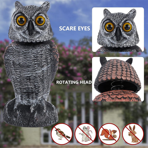 2 Pack Bird Scarecrow Fake Owl Decoy Sculpture, Rotating Head Plastic Owl Bird Deterrents, 10.6 Inch Height Nature Enemy Horned Pest Repellent for Outdoor Garden Yard