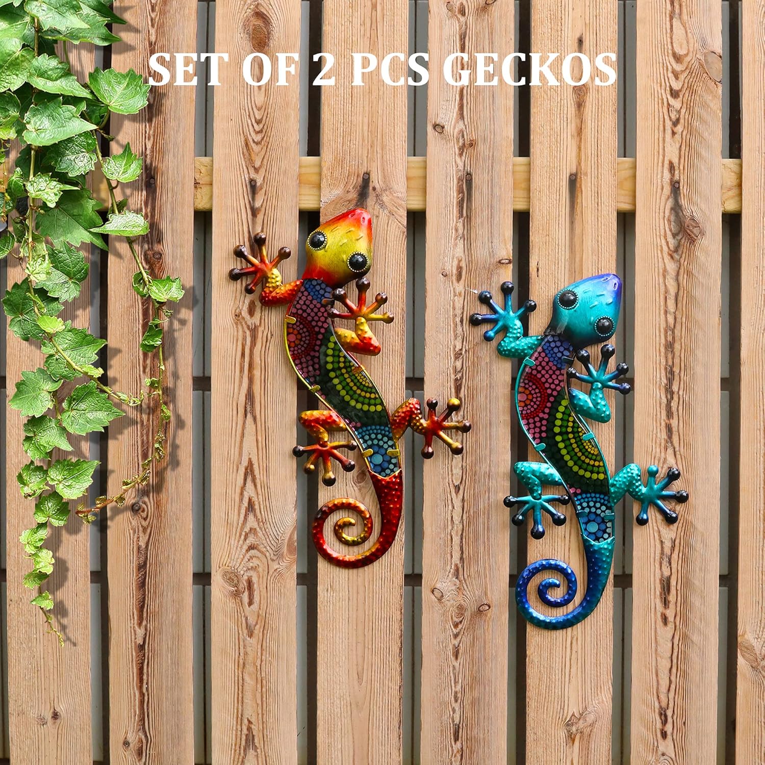 HONGLAND Metal Gecko Wall Art 2 Pack 15 Inch Lizard Outdoor Decor Hanging Glass Sculpture Decoration for Garden Fence Home