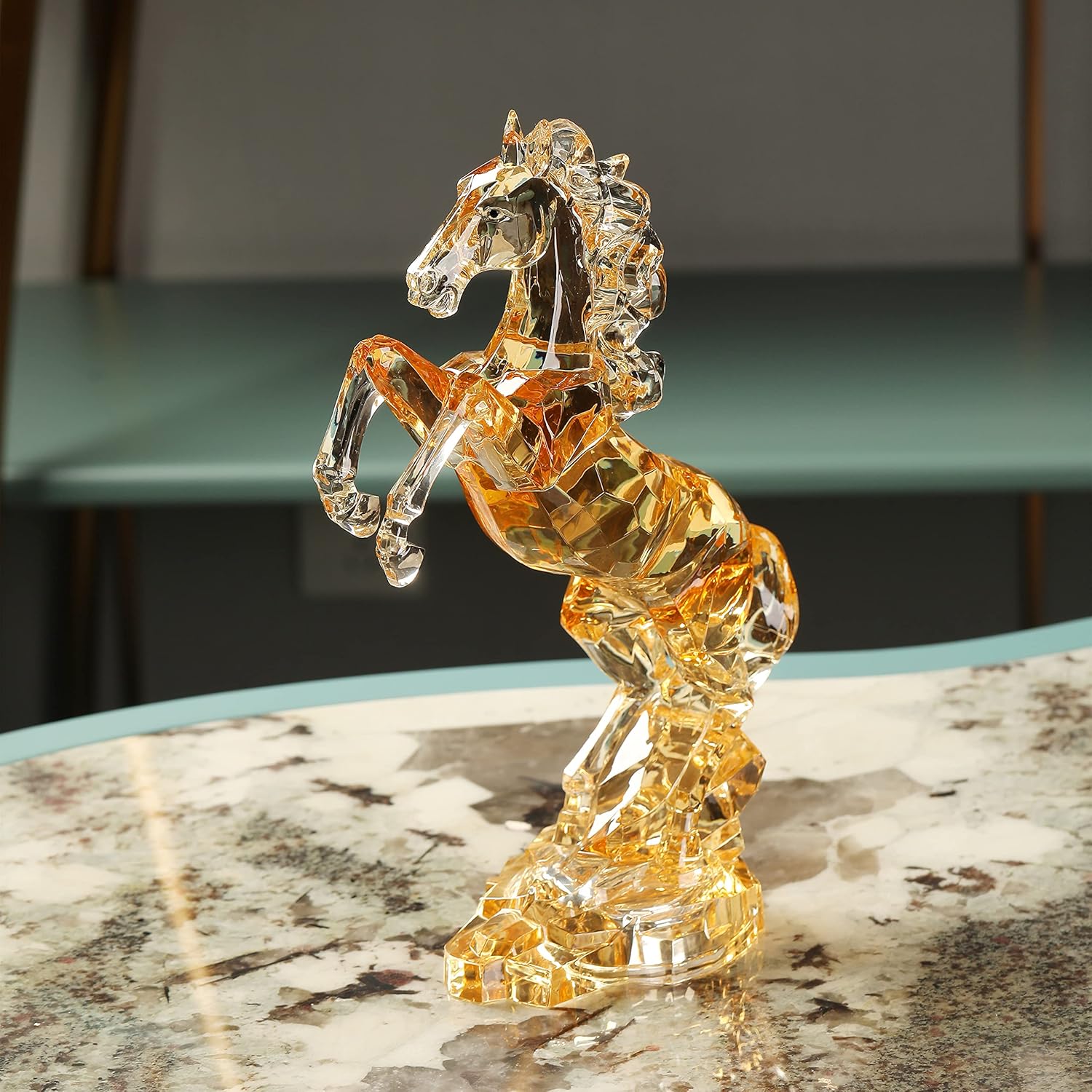 Acrylic Horse Figurine Chinese Feng Shui Glass Collection Ornament Statue Animal Collectible Standing Table Decor Home Decor 9''L (Amber)