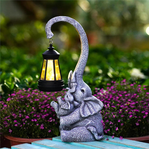 Elephant Outdoor Statues with Cute Baby Garden Decor, Resin Elephant Figurines with Solar Lantern Outdoor Decoration Gifts for Mothers Day, Birthday Day