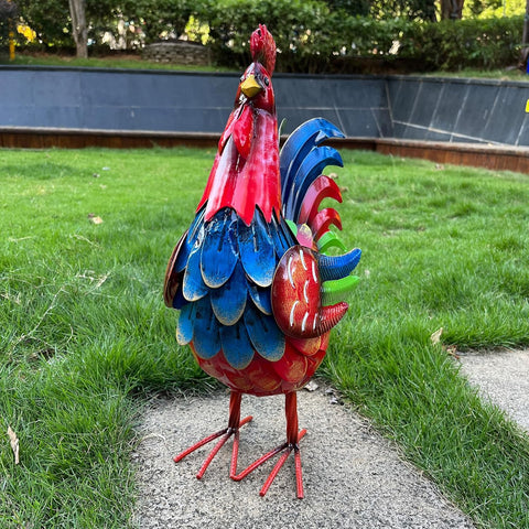 Metal Rooster Yard Decor, 16" Metal Chicken Yard Art, Garden Rooster Statues & Sculpture, Farmhouse Lawn Iron Chicken Figurines, Rooster Animal Decoration for Patio Backyard Home Kitchen