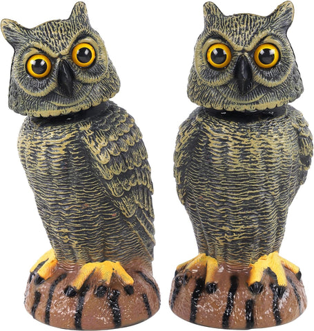 2 Pack Bird Scarecrow Fake Owl Decoy Sculpture, Rotating Head Plastic Owl Bird Deterrents, 10.6 Inch Height Nature Enemy Horned Pest Repellent for Outdoor Garden Yard