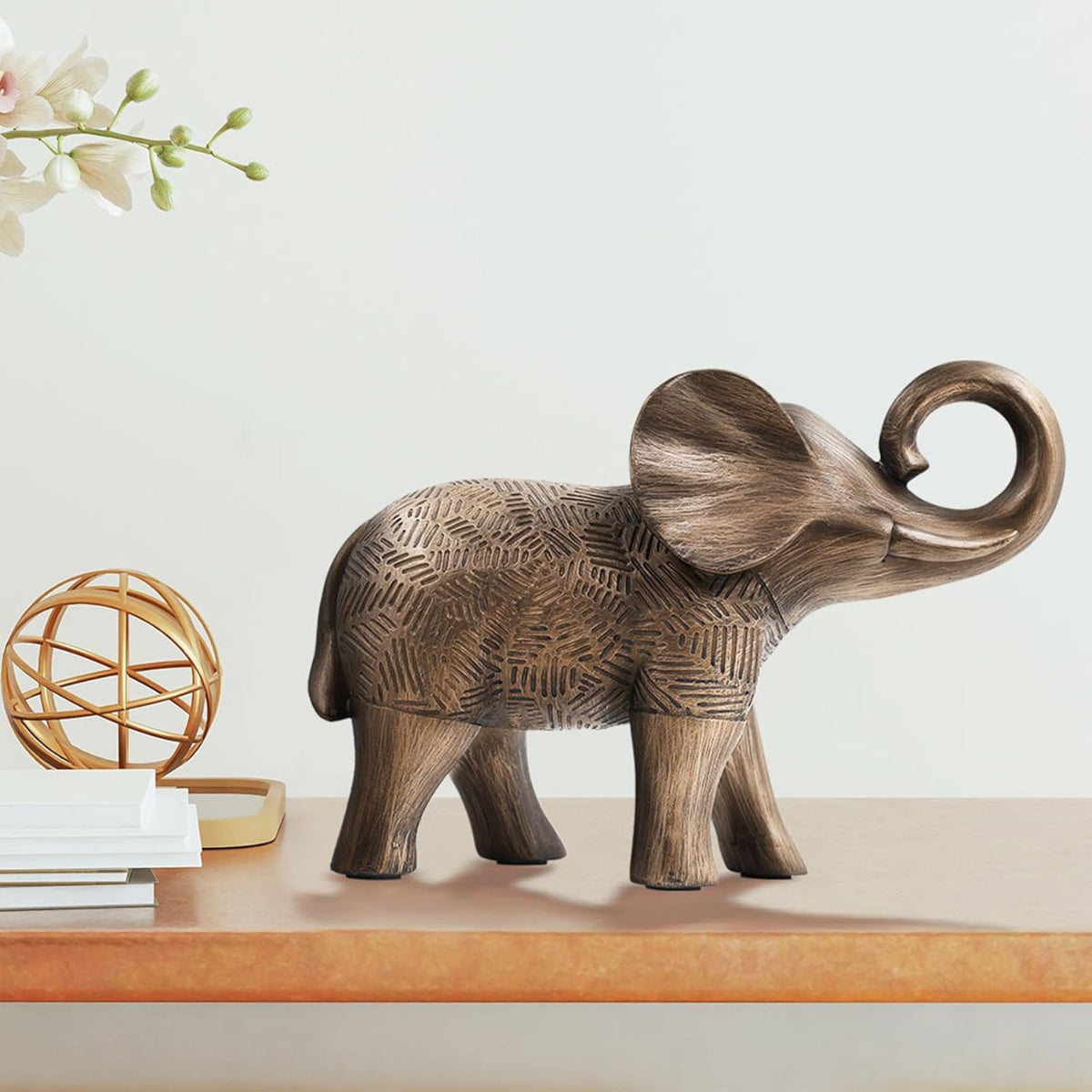 Elephant Statues, Elephant Sculptures for Table Shelf Mantel Décor, 6‘’ Bronze Animal Figurines, Paperweight